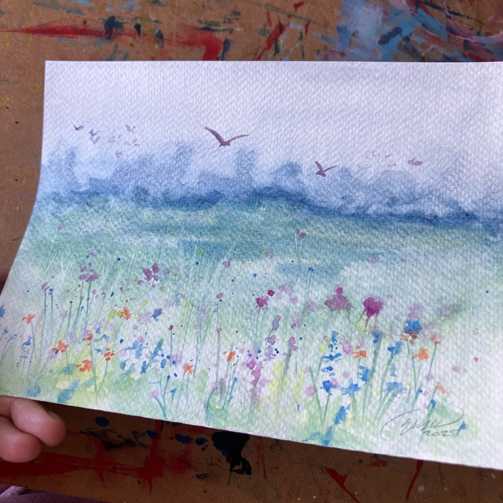 Floral landscape Original painting watercolor NEW art decor Artettina USA - Picture 3 of 7
